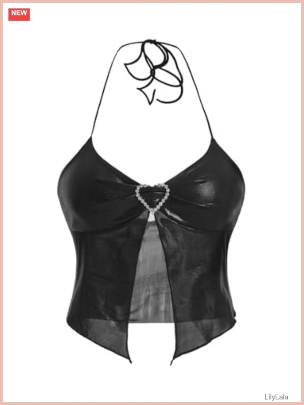 Rhinestone Heart Backless Ruched Cami Asymmetrical Crop Halter Top